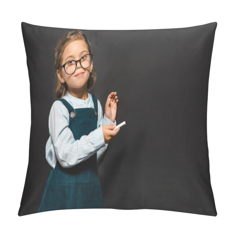 Personality  Portrait Of Schoolchild In Eyeglasses With Piece Of Chalk Standing At Blank Blackboard  Pillow Covers