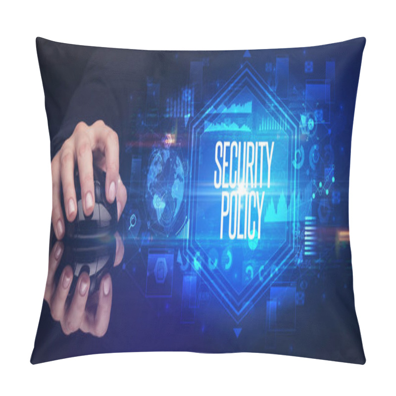 Personality  Hand Holding Wireless Peripheral With SECURITY POLICY Inscription, Cyber Security Concept Pillow Covers