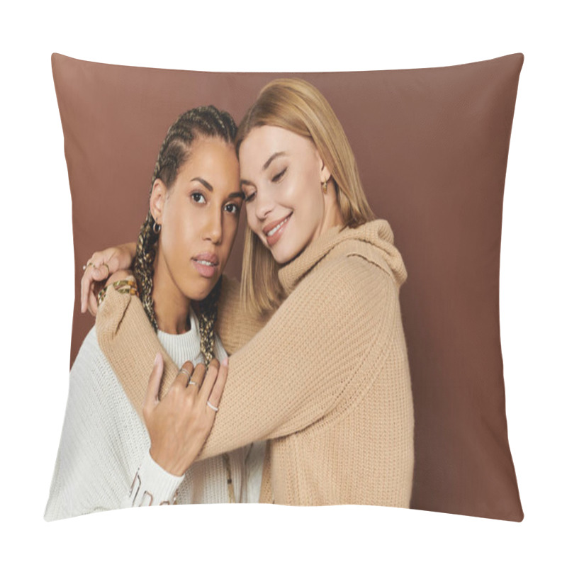 Personality  A Beautiful Couple Dressed In Stylish Autumn Outfits Share A Tender Moment Together. Pillow Covers