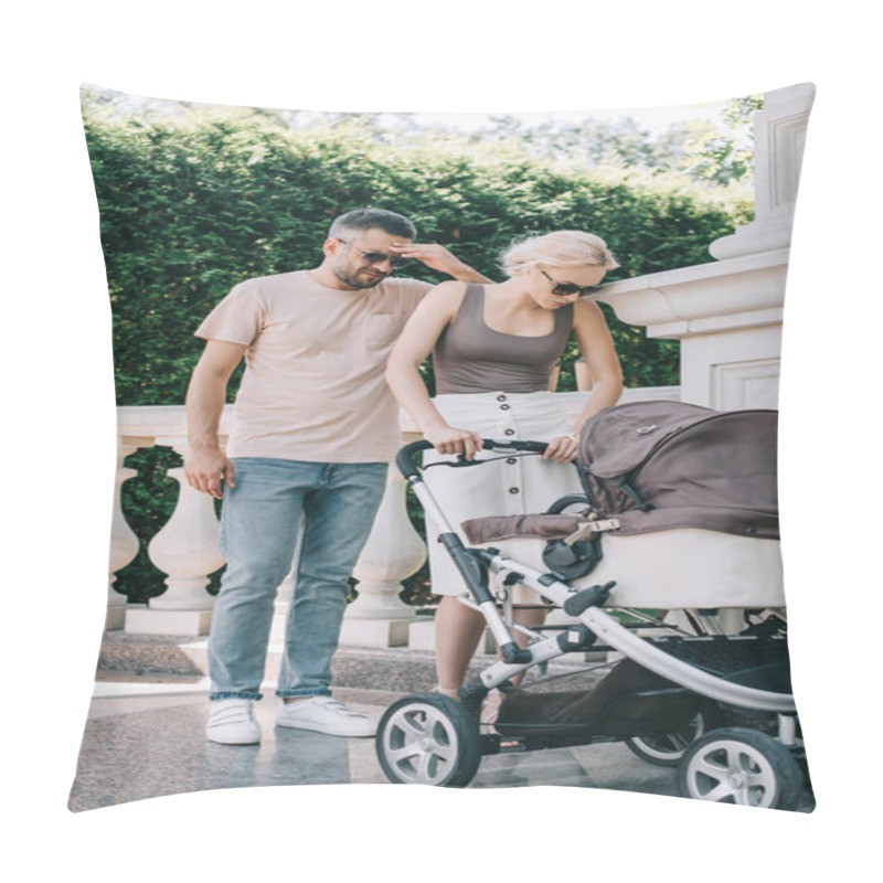 Personality  Exhausted Parents Standing Near Baby Carriage In Park Pillow Covers