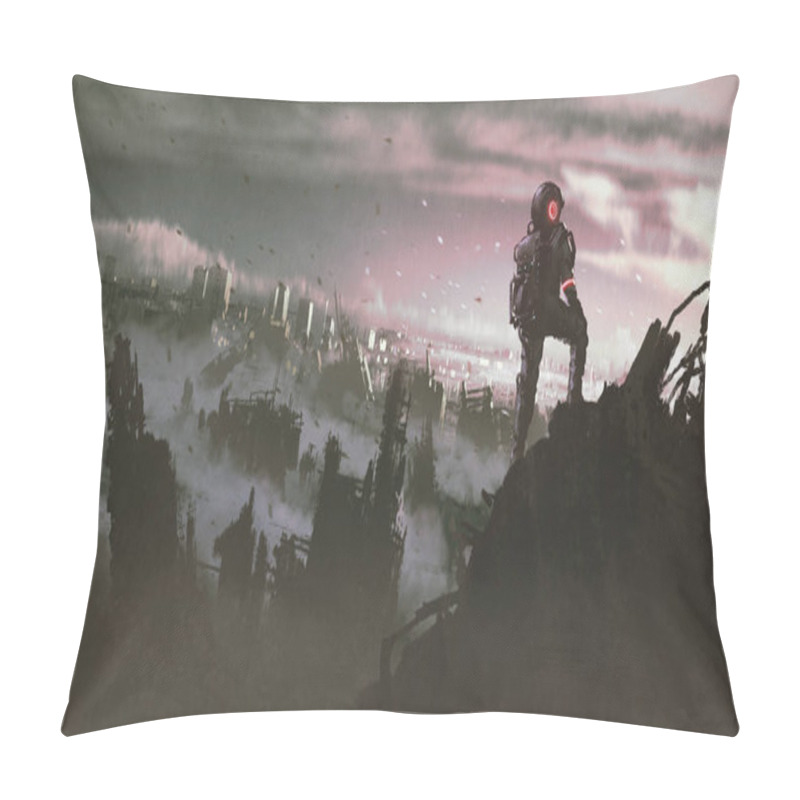 Personality  Astronaut Standing On A Ruined Building Looking At Abandoned City, Digital Art Style, Illustration Painting Pillow Covers