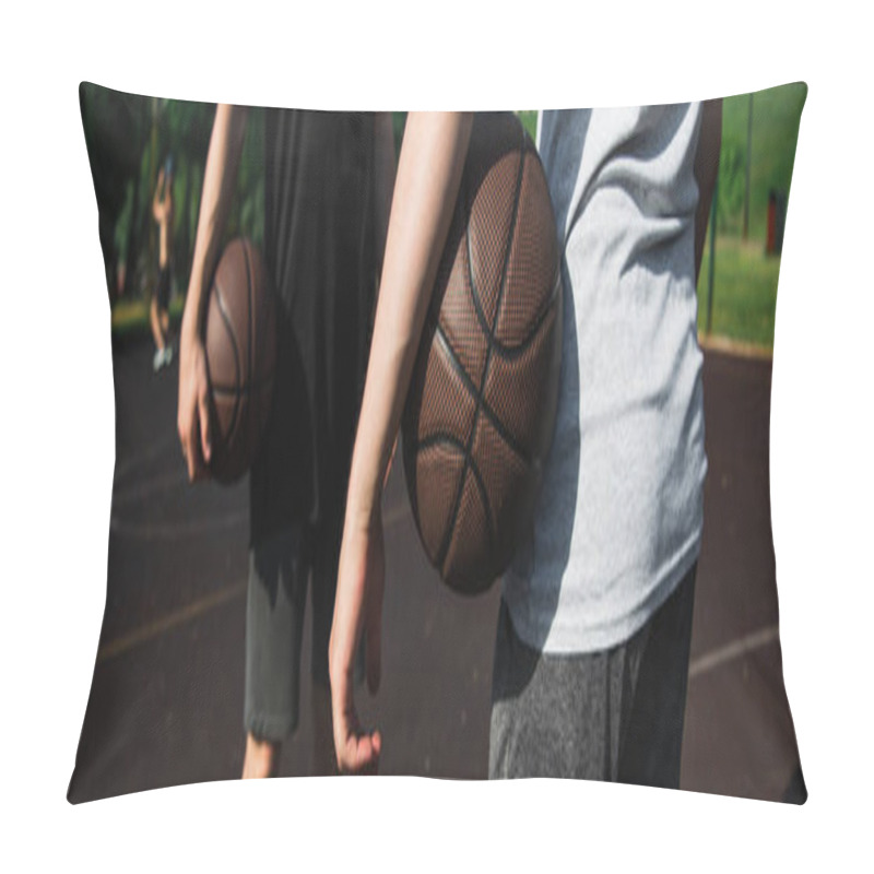 Personality  Cropped View Of Men Holding Basketball Balls Outdoors, Banner  Pillow Covers