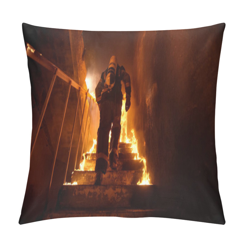 Personality  Strong And Brave Firefighter Going Up The Stairs In Burning Buil Pillow Covers