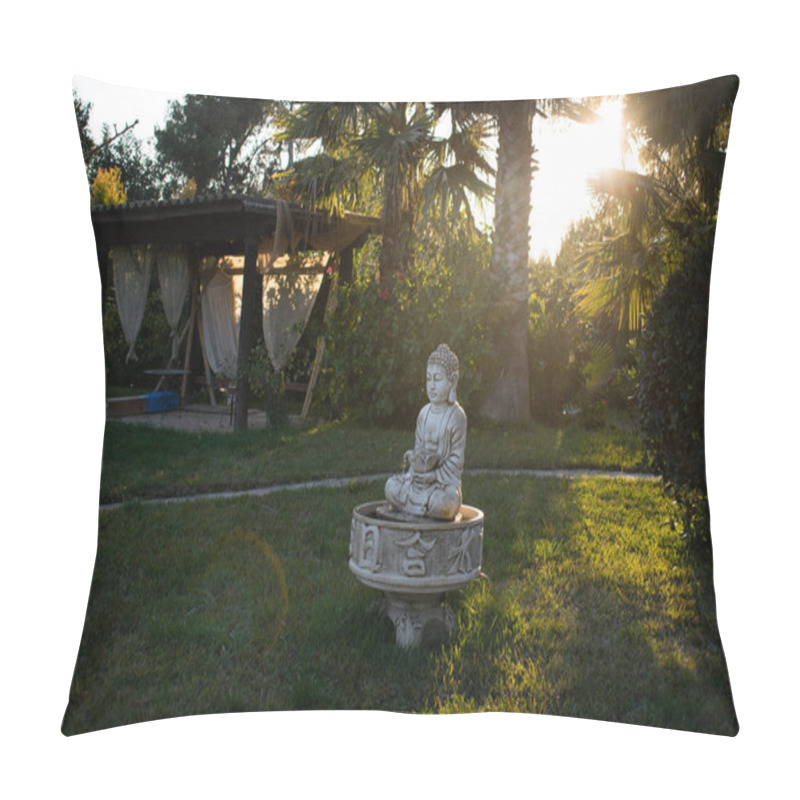 Personality  Stone Buddha Statue In The Garden With Palms, Villa  Pillow Covers