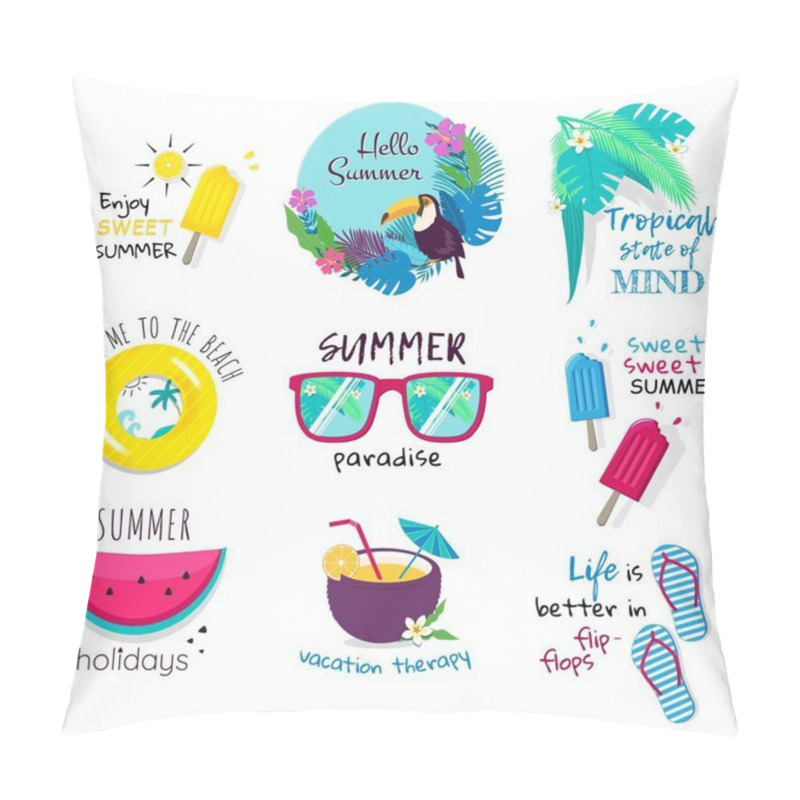 Personality  Summer Phrases And Icons Set. Hello Summer Paradise, Take Me To The Beach, Vacation Therapy, Tropical State Of Mind Lettering. Vector Cartoon Illustration. Pillow Covers