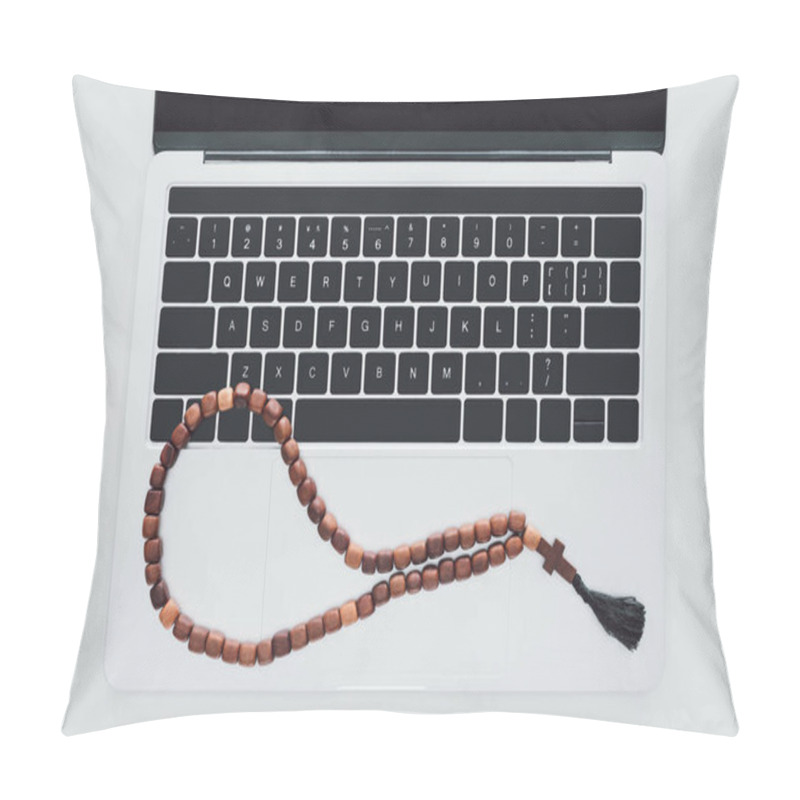 Personality  Top View Of Beads Lying On Laptop On White Surface Pillow Covers