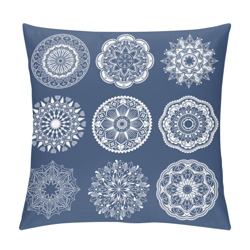 Personality  White Mandala Patterns Set On Blue Background Pillow Covers