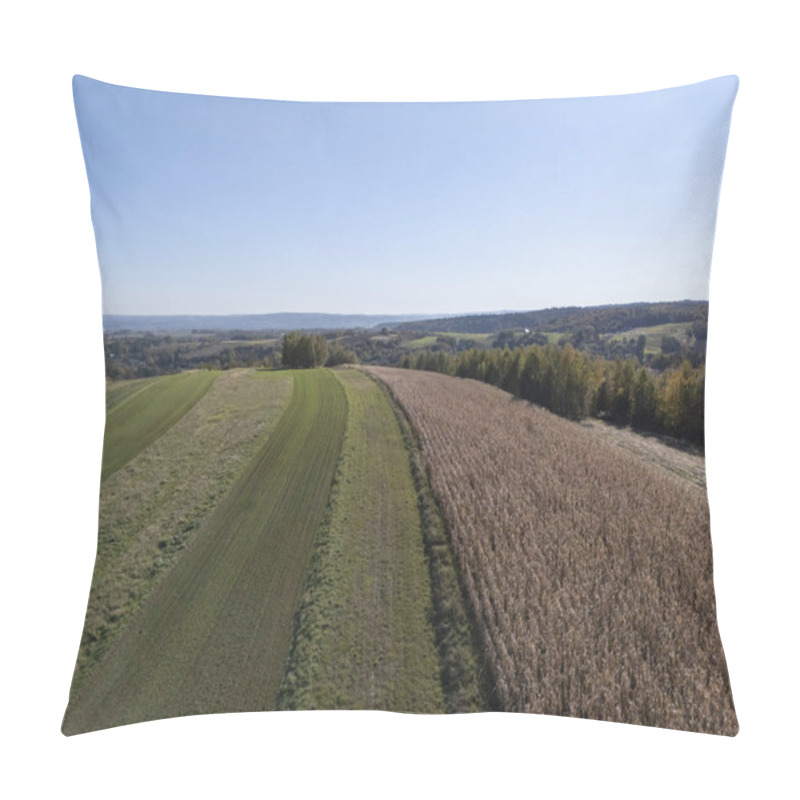 Personality  Aerial View Of Green And Brown Fields Under A Clear Blue Sky Showcasing The Beauty Of Rural Landscape And Farmland Pillow Covers