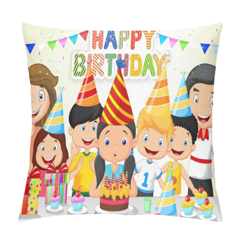 Personality  Happy Girl Cartoon Blowing Birthday Candles With His Family And Friends Pillow Covers