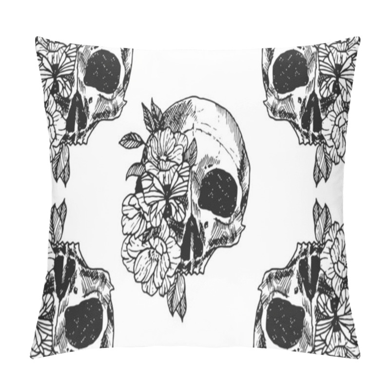 Personality  Skull With Exotic Flowers. Black On A White Background, Skull Sketch Vector Illustration, Vector Hand Drawn Illustration. Pillow Covers