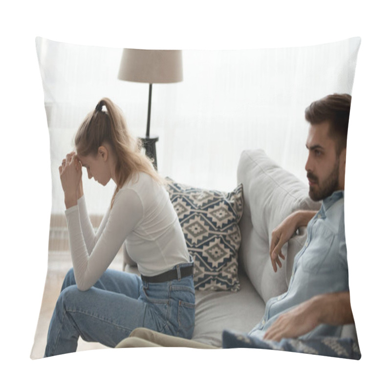 Personality  Tired Couple Sitting Apart On Couch Not Talking Having Disagreement Pillow Covers