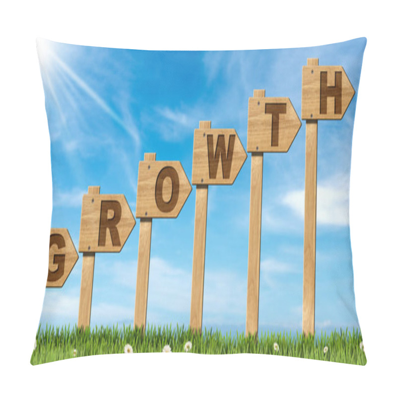 Personality  Group Of Six Wooden Directional Signs With Text Growth, On A Countryside Landscape, Green Grass And Daisy Flowers Against A Blue Sky With Clouds And Sunbeams. Pillow Covers