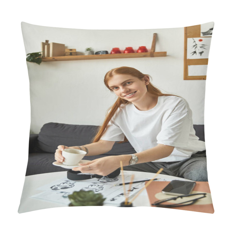 Personality  The Young Man Sits Comfortably, Sipping Coffee While Surrounded By A Warm, Inviting Atmosphere. Pillow Covers