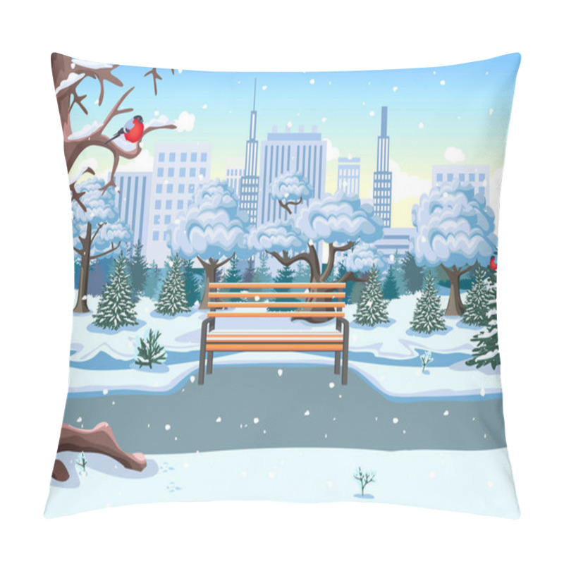 Personality  Winter City Park With Benches, Paths, Snow-covered Trees Against The Backdrop Of A Large City With Skyscrapers. Vector Illustration Of Beautiful Winter Nature. Pillow Covers