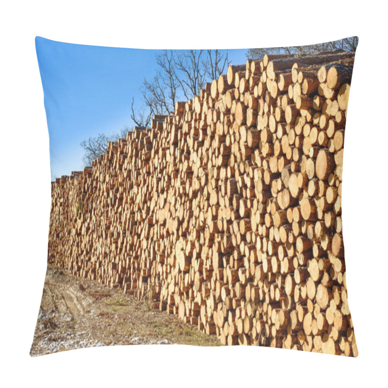 Personality  Stacked Pine Wood Logs At Industrial Logging Pillow Covers