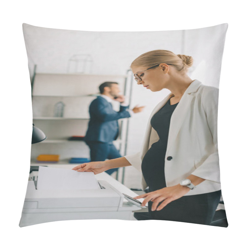 Personality  Selective Focus Of Pregnant Businesswoman Using Printer While Colleague Talking On Smartphone In Office Pillow Covers