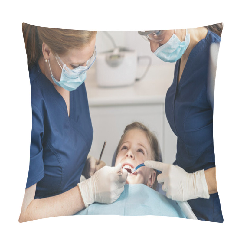 Personality  Dentists With A Patient During A Dental Intervention To Girl. Pillow Covers