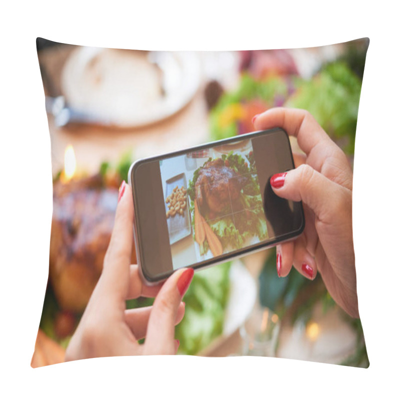 Personality  Hands Of Woman Photographing Roasted Chicken On Table Pillow Covers