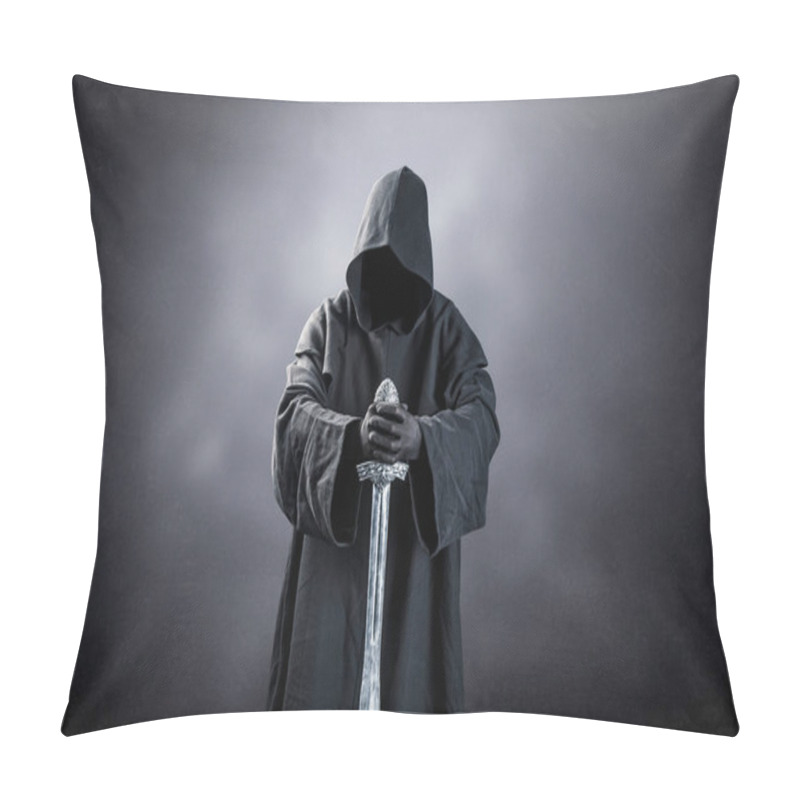 Personality  Warrior With Hooded Cape And Medieval Sword Over Dark Misty Background Pillow Covers