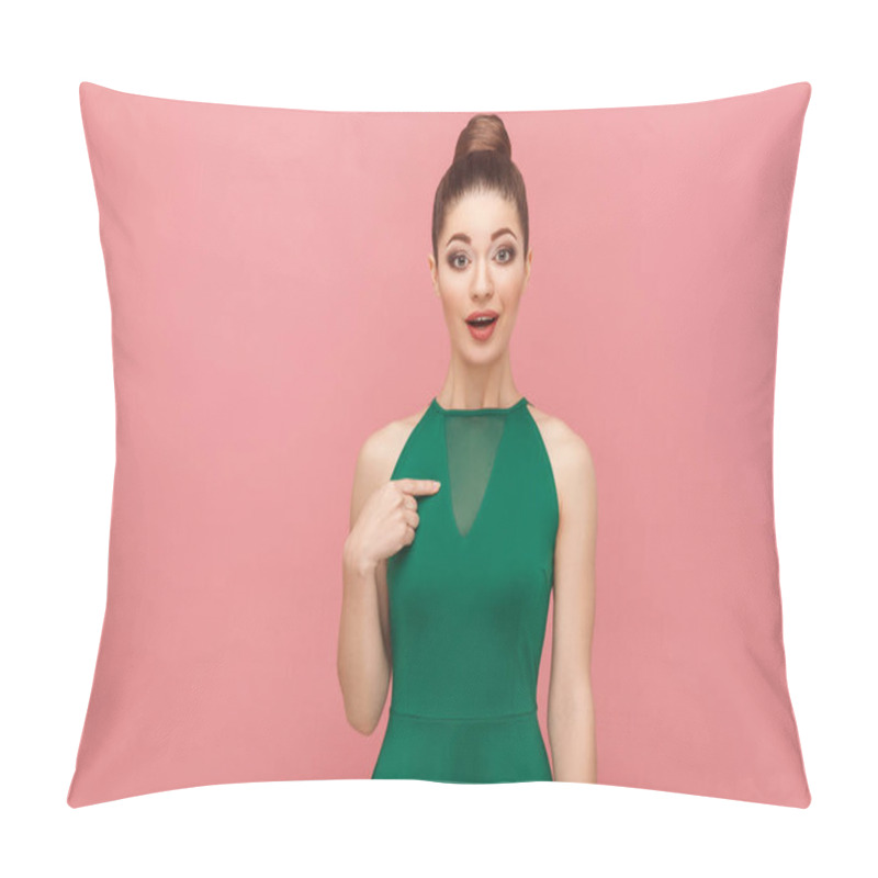 Personality  Optimistic Successful Beautiful Woman With Collected Hair In Green Dress Pointing Finger Himself On Pink Background, Expression Emotion And Feelings Concept  Pillow Covers