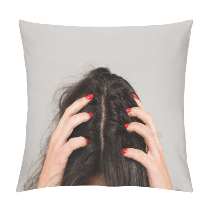 Personality  Cropped View Of Brunette Woman With Red Manicure Touching Head With Tousled Hair Isolated On Grey Pillow Covers