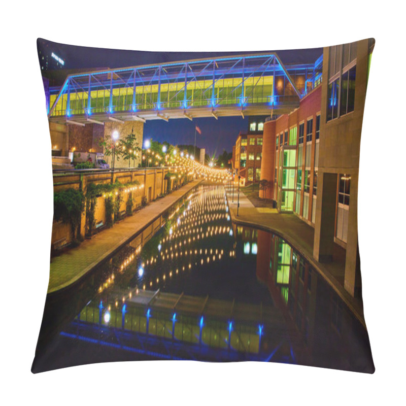 Personality  Vibrant Indianapolis Nightscape Showcasing A Blue-lit Pedestrian Bridge Over The Reflective Canal, Surrounded By Illuminated Modern Buildings, 2023 Pillow Covers