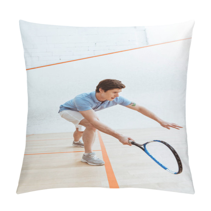 Personality  Emotional Sportsman In Blue Polo Shirt Playing Squash In Four-walled Court Pillow Covers