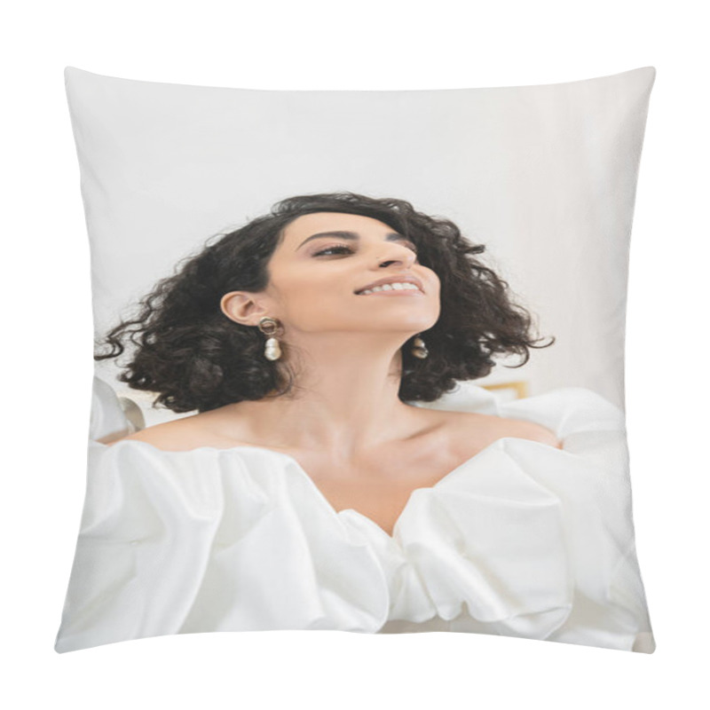 Personality  Portrait Of Happy Middle Eastern Bride With Brunette And Wavy Hair Posing In Trendy Wedding Dress With Puff Sleeves And Ruffles Looking Up In Bridal Salon, White Gown Pillow Covers