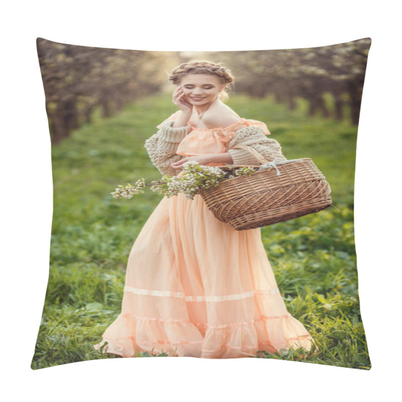 Personality  Beautiful Young Girl In An Old Dress In A Pear-blossoming Garden. Pillow Covers