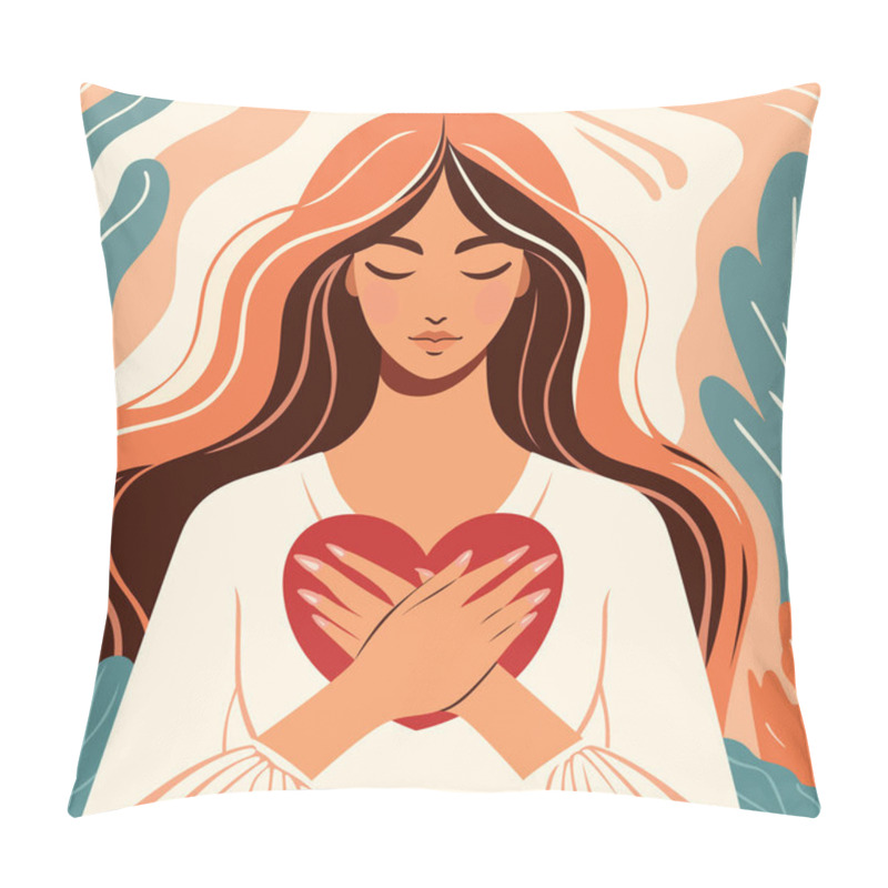 Personality  Illustration Of A Serene Woman With Long Hair Holding A Heart, Set Against An Abstract Background With Soft Colors. Pillow Covers