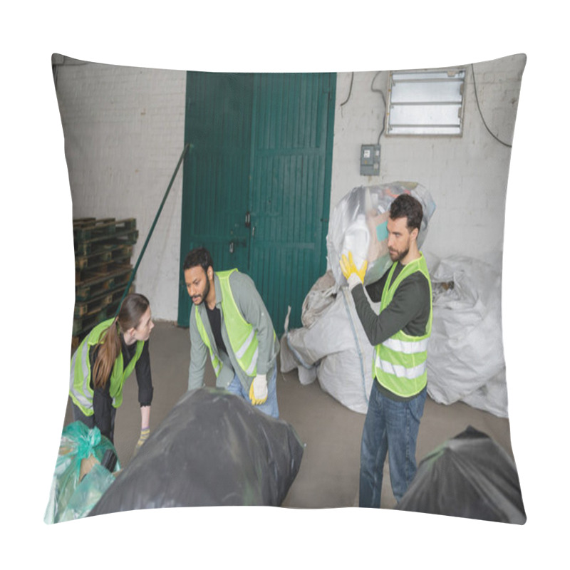 Personality  Multiethnic Workers In High Visibility Vests And Gloves Working With Plastic Bags Near Colleague In Waste Disposal Station, Garbage Sorting And Recycling Concept Pillow Covers