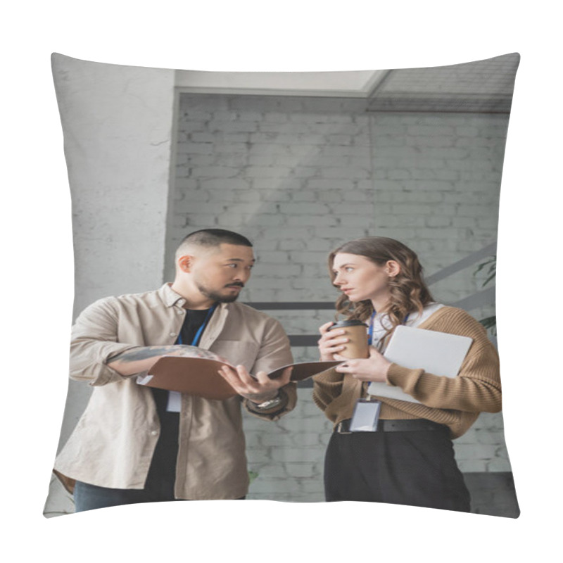 Personality  Pretty Businesswoman Discussing Startup Project With Focused Asian Colleague Holding Startup Plan Pillow Covers