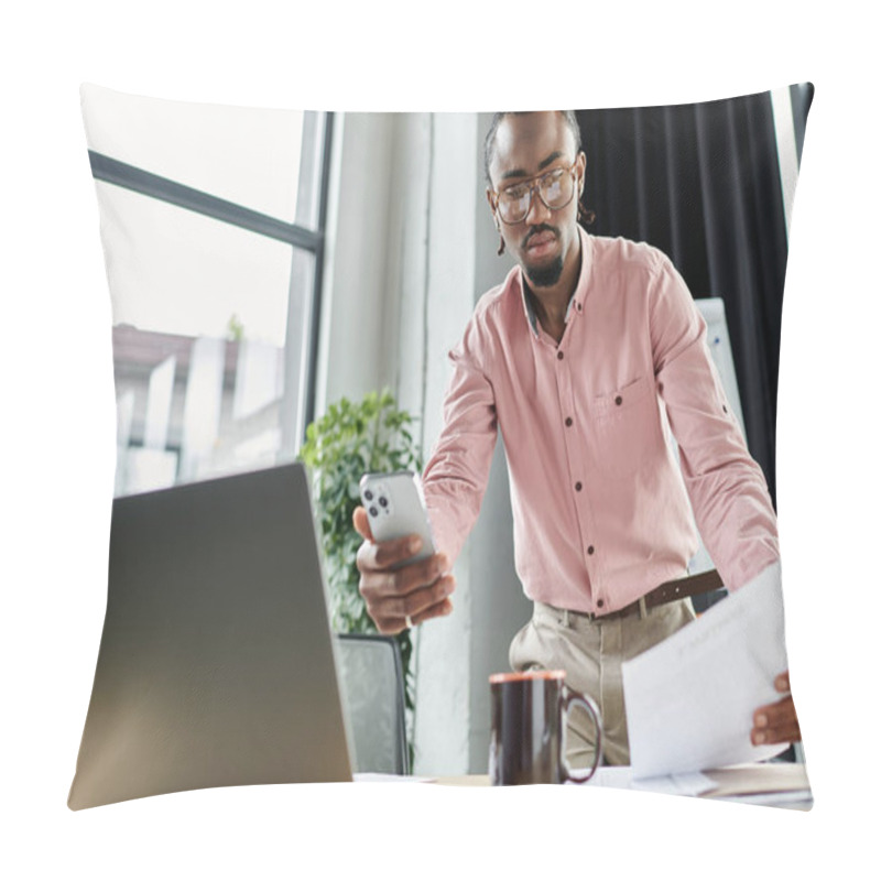 Personality  Digital Nomad Organizes Tasks During A Productive Moment In A Chic Office Setting. Pillow Covers