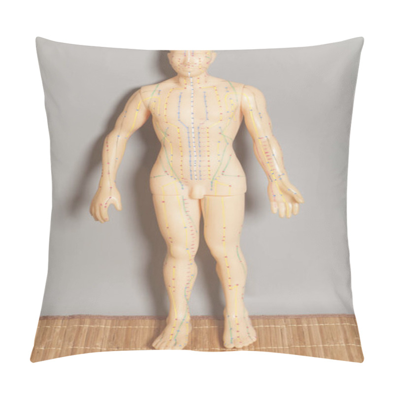 Personality  Medical Acupuncture Model Of Human On Gray Background Pillow Covers