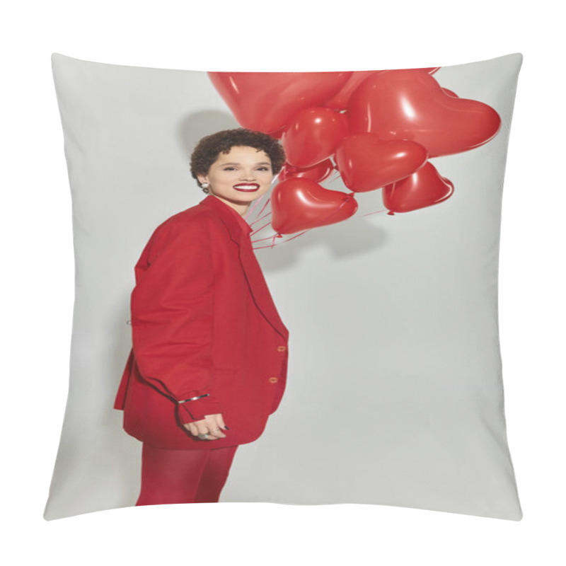 Personality  A Stylish Woman In Red Joyfully Holds Heart Shaped Balloons. Pillow Covers