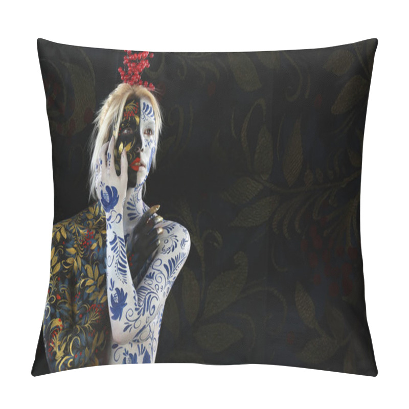 Personality  Body Art Of A Girl In The Style Of Khokhloma And Gzhel Pillow Covers