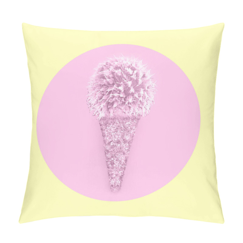 Personality  Creative Ice Cream Cone Made From Confetti With Flower Onion In Pink Circle On Pastel Yellow Background. Trendy Minimal Pop Art Style And Summer Food Concept. Pillow Covers