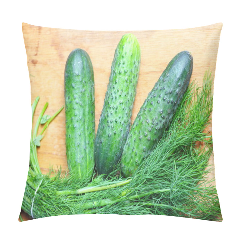 Personality  Bunch Fresh Dill And Cucumbers On Wooden Table Pillow Covers