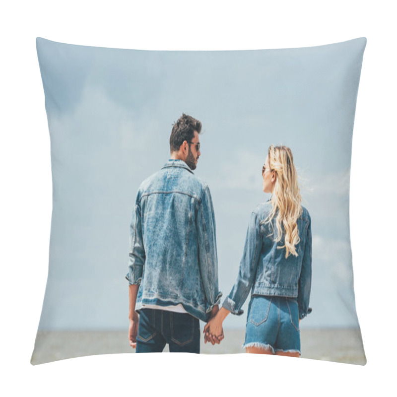 Personality  Back View Of Woman And Man In Denim Jackets Looking At Each Other And Holding Hands  Pillow Covers