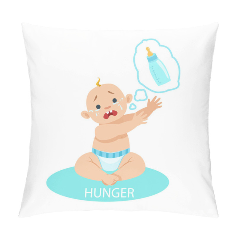 Personality  Little Baby Boy In Nappy Is HungryAnd Needs A Bottle,Part Of Reasons Of Infant Being Unhappy And Crying Cartoon Illustration Collection Pillow Covers