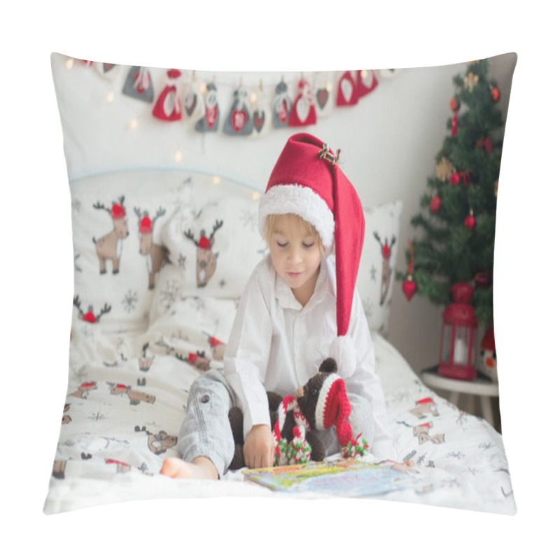 Personality  Beautiful Toddler Child, Reading Book In Bed On Christmas, Decoration Around Him Pillow Covers