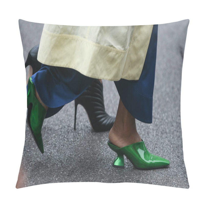 Personality  Street Style Outfit - Woman Wearing Blue Pants, Light Yellow Coat And Forest Green Shoes Pillow Covers