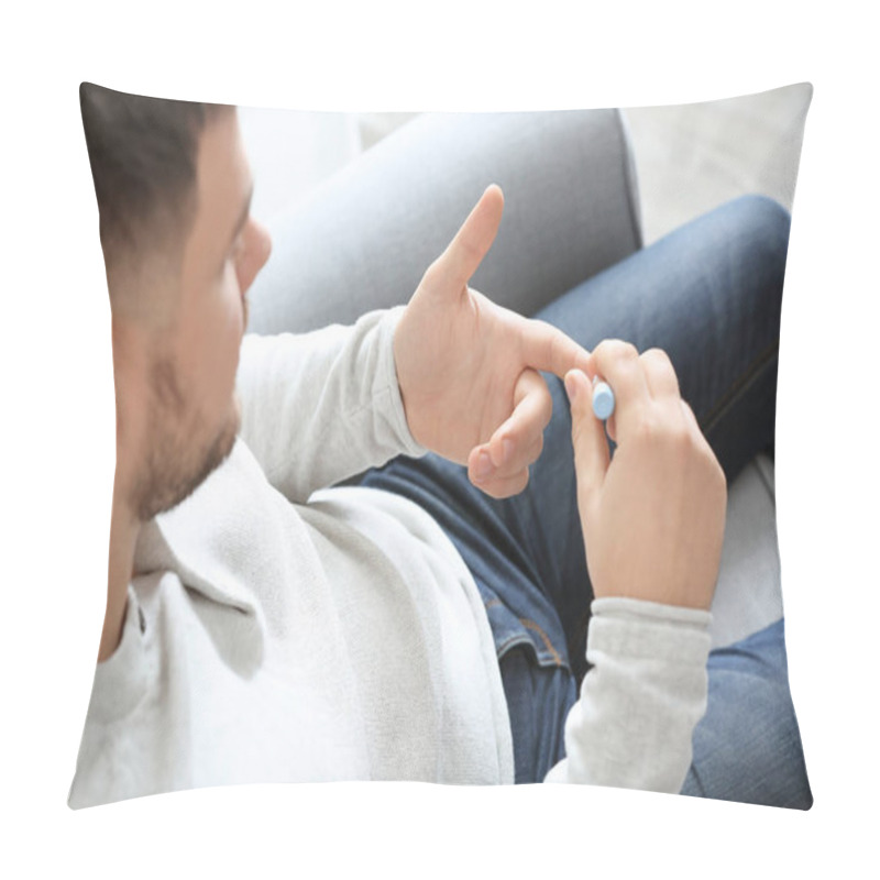 Personality  Diabetic Man Taking Blood Sample With Lancet Pen At Home Pillow Covers