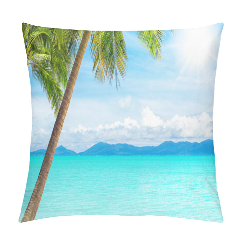 Personality  Tropical Island Beach View, Exotic Beautiful Nature Landscape, Turquoise Sea, Ocean Water, Green Palm Tree Leaves, White Sand, Sun, Blue Sky, Clouds, Summer Holidays, Vacation, Travel, Relax, Resort Pillow Covers