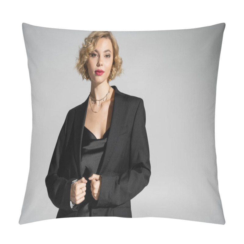 Personality  Curly Young Woman In Black Slip Dress And Blazer Looking At Camera Isolated On Grey  Pillow Covers