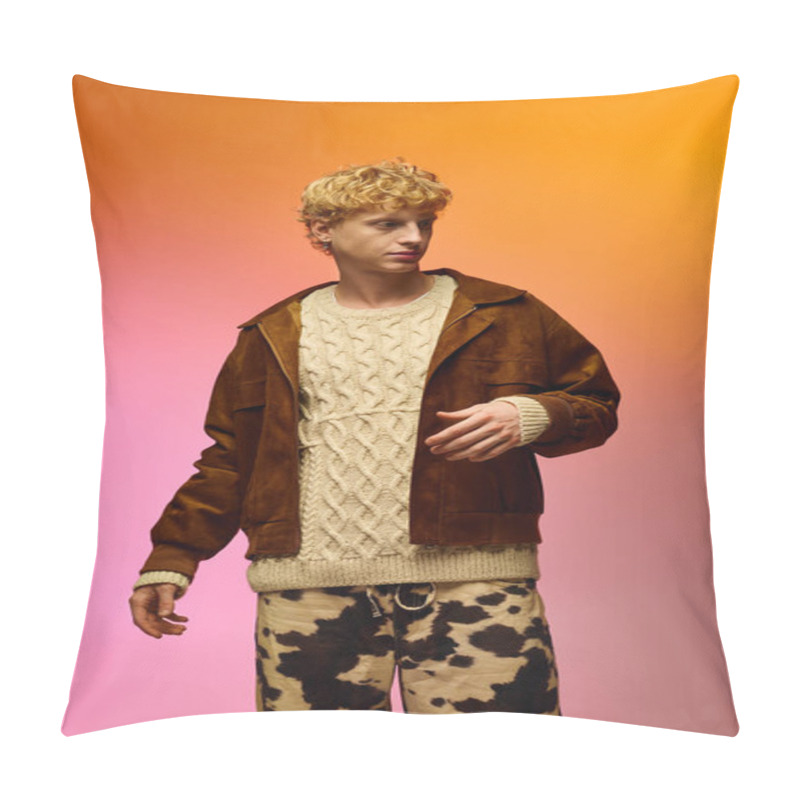 Personality  Stylish Man Showcases A Modern Holiday Look With A Knitted Sweater And Chic Jacket Against A Vibrant Backdrop. Perfect For Festive Gatherings And Winter Celebrations, Blending Comfort And Flair. Pillow Covers