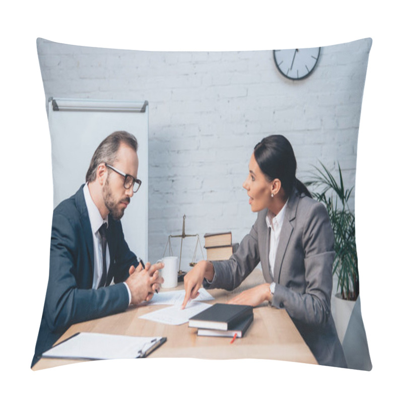 Personality  Businesswoman Pointing With Finger At Document And Talking With Coworker In Glasses  Pillow Covers