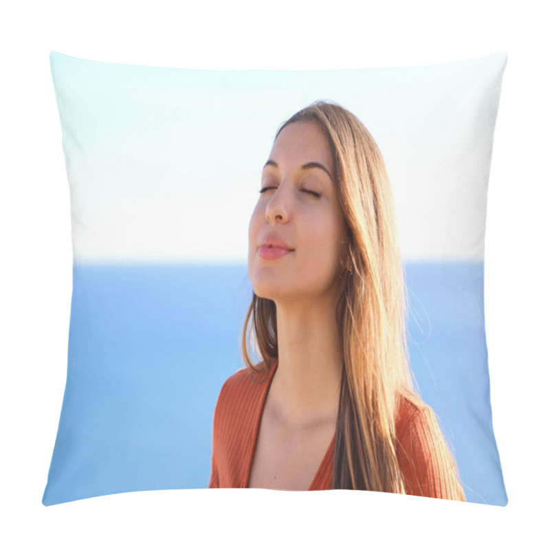 Personality  Close Up Of Beautiful Relaxed Girl Breathing And Smiling With Blue Sea On The Background. Pillow Covers