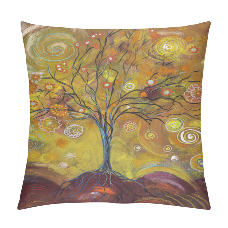 Personality  Whimsical Tree Of Life. The Dabbing Technique Near The Edges Gives A Soft Focus Effect Due To The Altered Surface Roughness Of The Paper. Pillow Covers