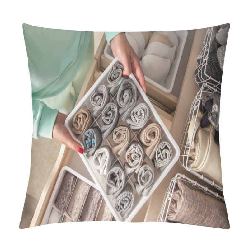 Personality  Unidentified Neat Housewife Puts Container With Socks And Pantyhose On Wardrobe Drawer During General Cleaning By Modern Storage System. Concept Of Beautiful And Comfortable Organization Pillow Covers